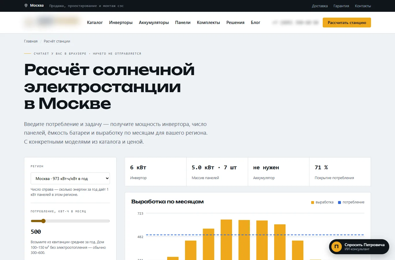 Калькулятор солнечной электростанции: мощность инвертора, массив панелей, выработка по месяцам для региона